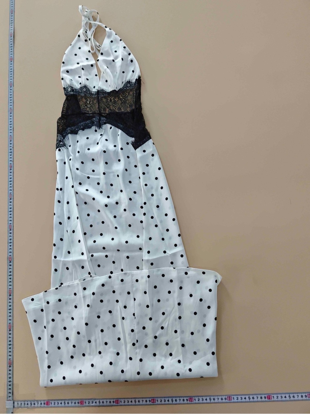 Polka Dot Halter Lace-Waist Maxi Dress - Cream/Black - Picture 6 of 7